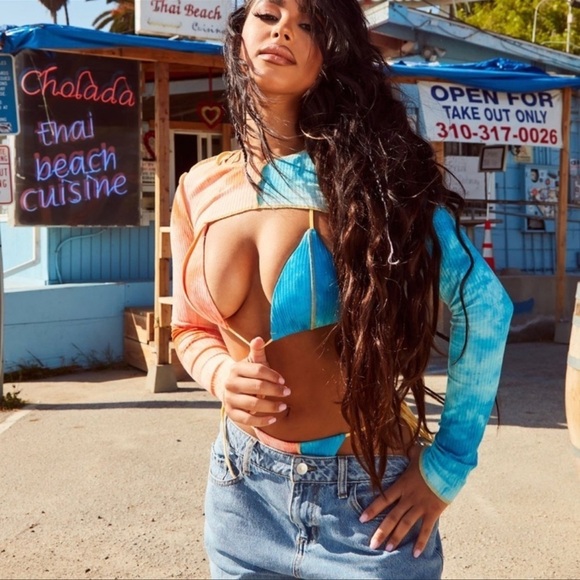 NWT Fashion Nova Alix Earle Hidden Hills Beach Ribbed 3pc Bikini Blue Orange LG - Picture 10 of 16